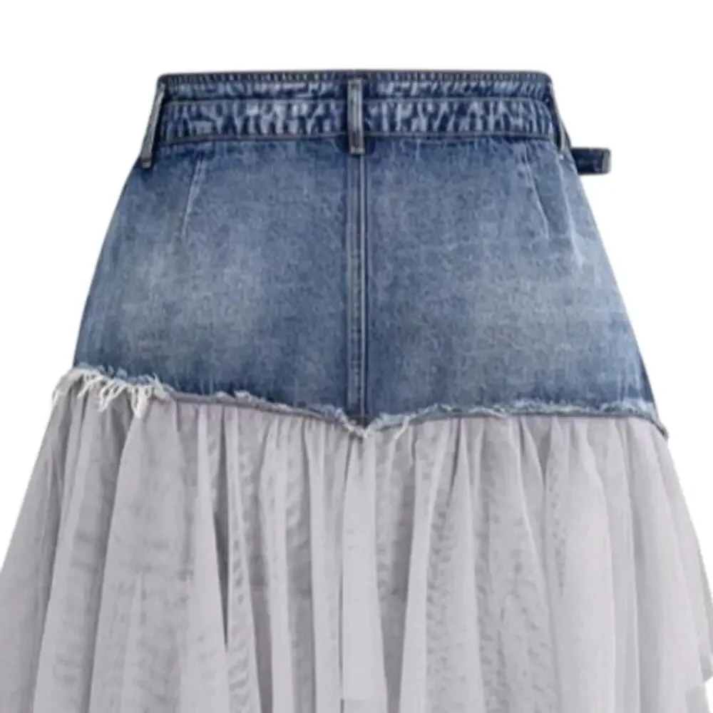 Micas denim & tulle midi skirt in light blue and gray - Picture 7 of 8